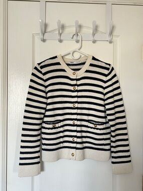 Zara Black & Cream Striped Cardigan with Gold Buttons